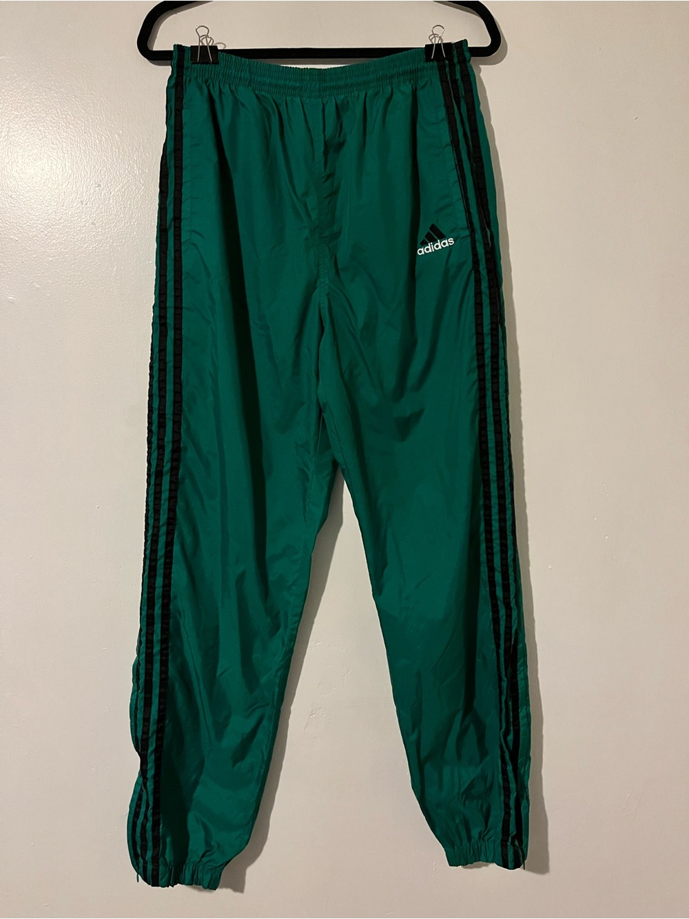 VTG Adidas Mens Green Ankle Zip Track Pants with Black Stripes